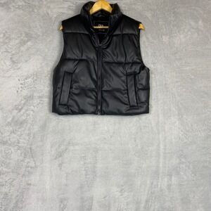 Zara Black Faux Leather Puffer Vest Sleeveless Quilted Jacket Stand Collar Small
